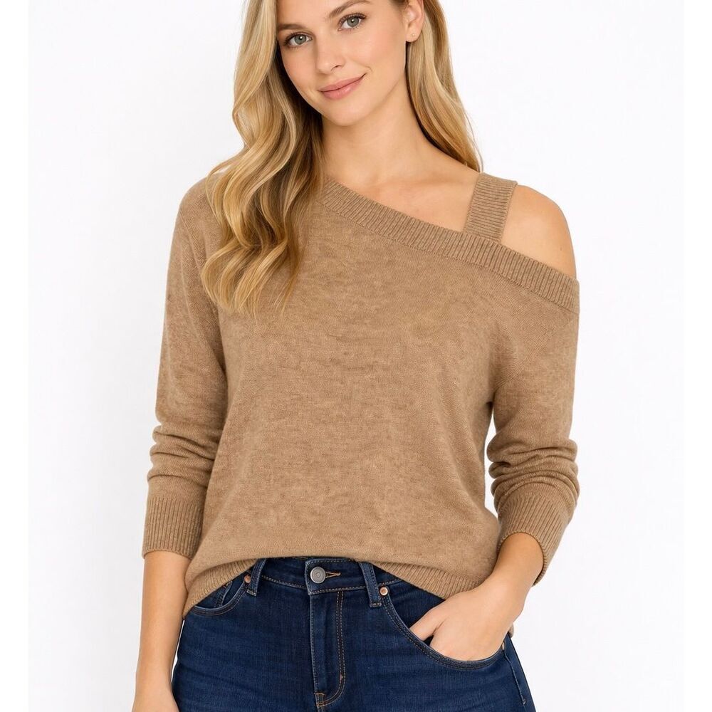 SWTR Wool Cashmere blend tan cold shoulder sweater side small